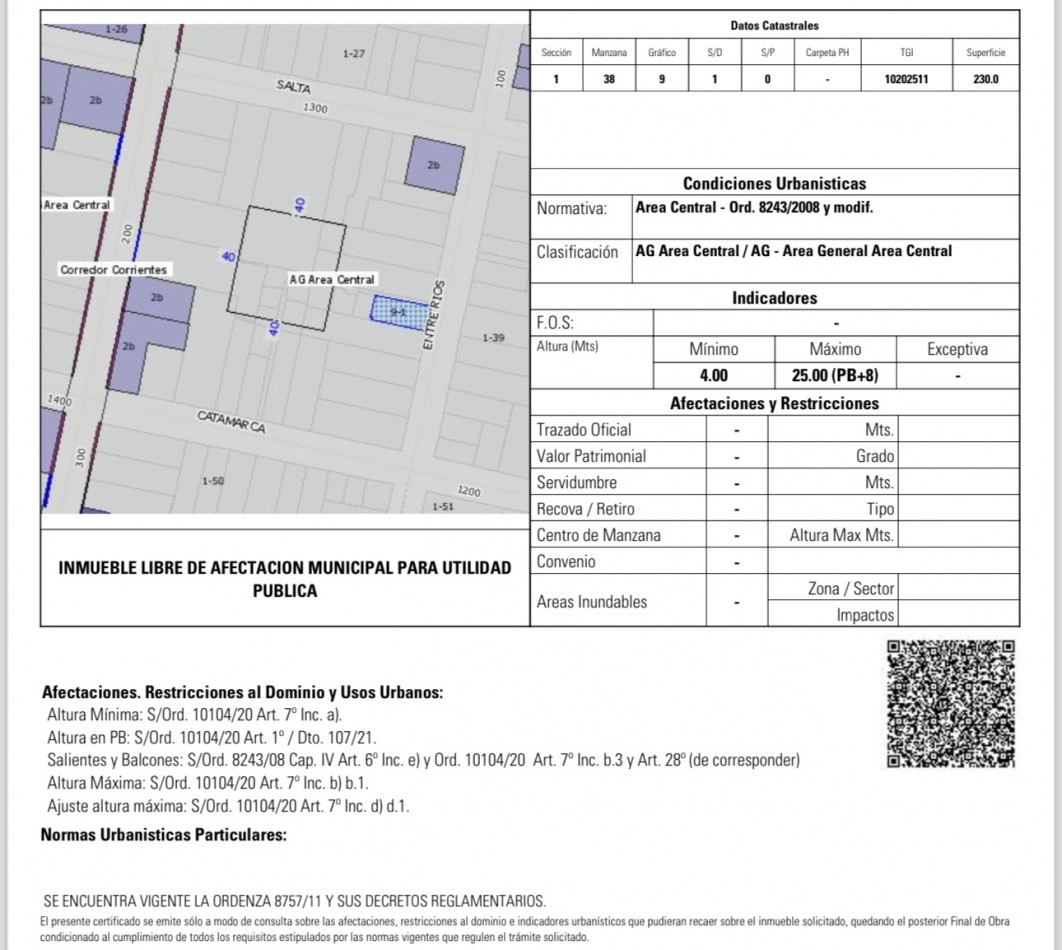 TERRENO ENTRE RIOS 254, APTO EDIFICIO PLANTA BAJA + 8 PISOS. FRENTE ESTE. 230M2. SOLO CONTADO